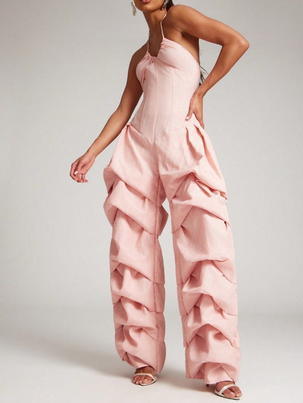 Pink Casual Women's Gathered Leg Corset Detail Halter Neckline Jumpsuit
